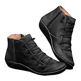 Ankle Boots for Women 2025,Women's Vintage Casual Short Ankle Boots,Arch Support Fashion No Heel Lace Up Side Zipper Retro Booties Comfortable Slip On Flat Shoes Fall Spring Autumn Winter