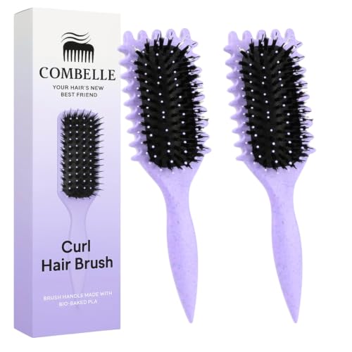 Image of Combelle 5-in-1 Curl Hair Brush | Vegan Boar Bristles | Bio-Based PLA Handle | Detangling, Defining & Frizz Control for Curly & Wavy Hair | For Men & Women - Purple (Pack of 2)