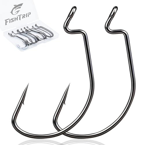 FishTrip 50pcs EWG Hooks for Bass Fishing Hooks, Extra Wide Gap Offset Worm Hook Texas Rig Fish Hooks for Bass Trout Freshwater Saltwater #1
