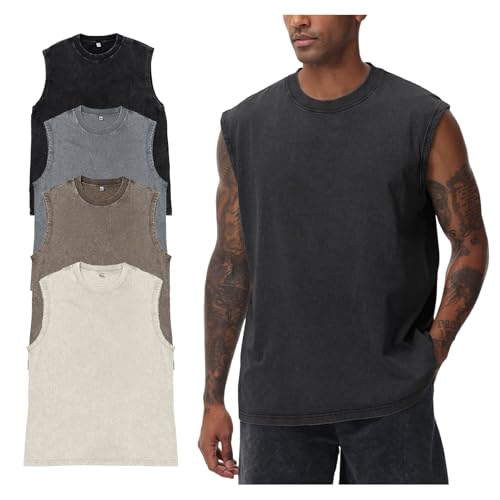 Yimoon Sleeveless Shirts for Men Workout Tank Tops Cotton Acid Wash Muscle Shirts Baggy Gym Tees(BlackGreyBeigeKhaki-XXL) by Yimoon - Used condition - US$27.23