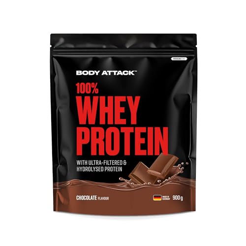 Body Attack 100% Whey Protein - Chocolate, 900 g - Made in Germany - extra cremiges Eiweißpulver mit Hydrolysat und BCAA´s, unterstützt Muskelaufbau und Diäten, für alle Sportler & Athleten