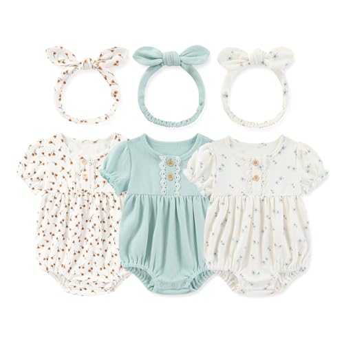 Image of MAMIMAKA Newborn Baby Girl Clothes Cotton Bubble Romper Floral Short Sleeve Bodysuit 3 Pack