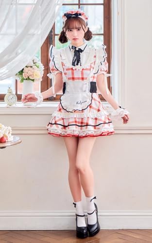 [Malymoon] コスプレ メイド ウエイトレス チェック 青 赤 藤咲凪 フリル 衣装 仮装 マリームーン 7点セット 10251 詳細画像3