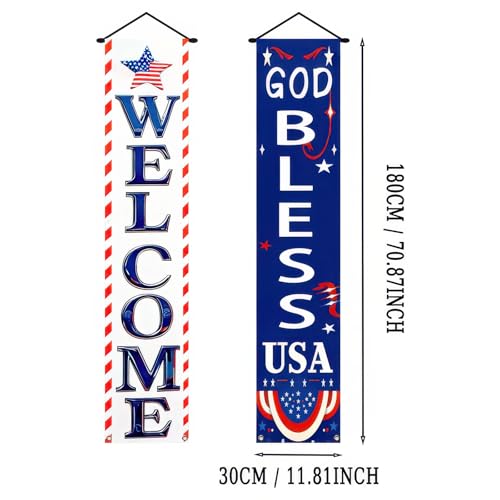 Image of BlissYard 2Pcs Welcome Patriotic Door Banner 4th of July Decorations American Banners Hanging Porch Signs Decor for Independence Memorial Day Veterans Labor Day for Yard Indoor Outdoor Supplies