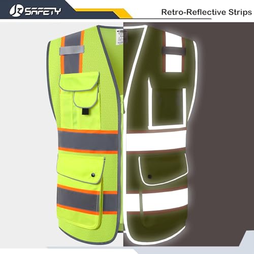 Image of JKSafety 9 Pockets Hi-Vis Neon Yellow Zipper Front MESH Safety Vest with Fluorescent Orange Extend Edge outlining the Reflective Tapes Meet ANSI /ISEA Class 2 Standard (100-Yellow, L)