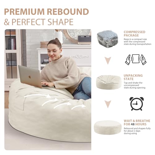 7FT Bean Bag Chair, Large Bean Bag Chairs with Memory Foam Filled, Fluffy Beanbag Sofa with Dutch Velvet Cover, Round BeanBag Chairs for Living Room, Playroom - Beige