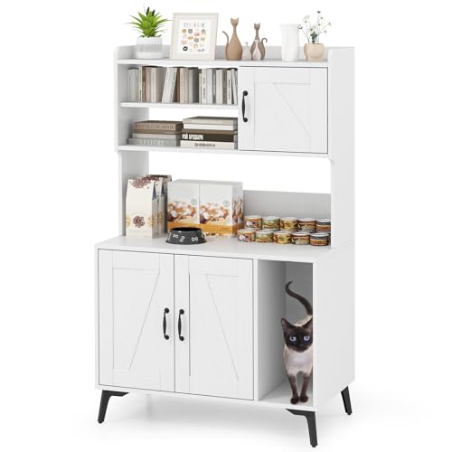 PETSITE Cat Litter Box Enclosure with Storage Shelf, 52 Inches Tall Modern Wooden Hidden Litter Box Furniture with Storage Shelving, Ideal for Indoor Cats (White)