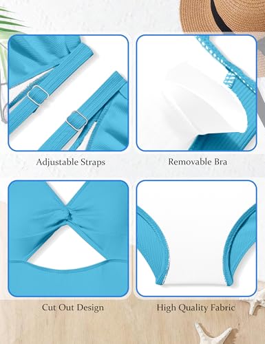 Image of Girls One Piece Swimsuit Cut Out Ruffle Bathing Suit Twist V Neck Swimwear Solid Color with Cover Up Skirt 9-16T