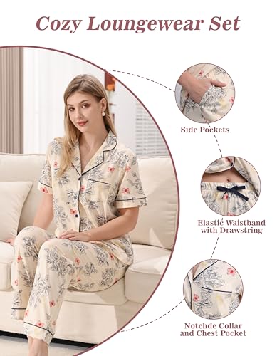 Image of NAP BOUND 100% Cotton Women's Pajama Sets Short Sleeve Button Down Soft Pjs 2 Piece Lounge Set with Pocket Nightwear XS-XXL