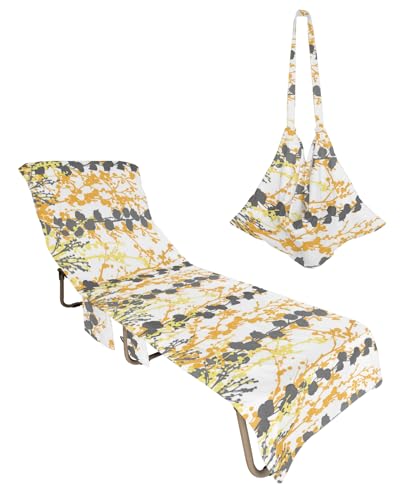 Yellow Gray Botanical Beach Lounge Chair Towel Cover, Soft Chaise Lounge Towel with Side Pockets Patio Pool Chairs Cover for Beach/Pool Sunbathing 29x85 Watercolor Branches Abstract Art