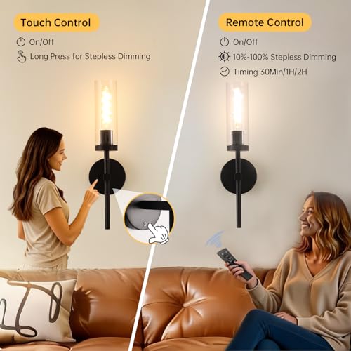 Image of Shenmoyl Battery Operated Wall Sconces Set of 2, Black Rechargeable Wall Lighting Fixtures, Dimmable Wall Lights with Remote & Clear Glass Shade for Living Room, Bathroom,Bedroom