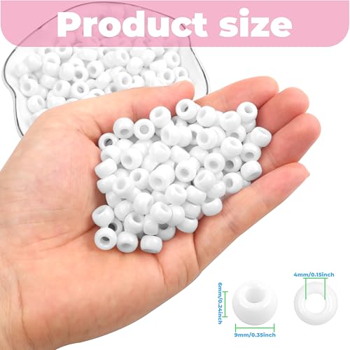 Auvoau 1000Pcs Pony Beads Bracelet 9mm White Plastic Barrel Pony Beads for Necklace,Hair Beads for Braids,Key Chain,Jewelry Making (White)