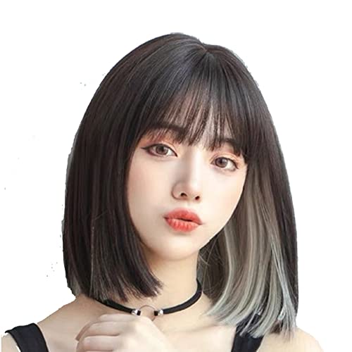 XIDAJIE Short Straight Black Mix White Wig Short Bob Wig with Bangs Synthetic Wig Cosplay Wig Short Women Wig Props Accessory for Halloween Christmas Carnival Cosplay Party