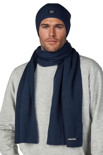 JACK & JONES Mütze Schal Set Herren 2-in-1 Winter-Set Beanie Wintermütze Winterschal, Größe:One Size, Farbe:Navy Blazer (Pack 3)