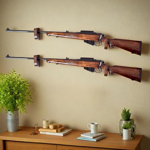 Indian Armoury Sheesham Wood Wall-Mounted Gun Rack for Rifles, Shotguns, Air Guns and Bows - Set of 2 Horizontal Display Gun Mount Stand with Real Hardwood Hangers and Hooks