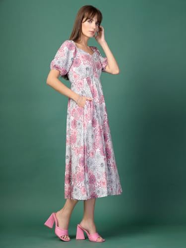 Image of OOMPH! Below Knee Shift Pink Dress in Crepe Fabric with Round Neck and Puff Sleeves - md619l