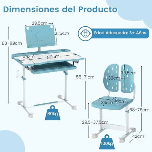 COSTWAY Juego de Escritorio y Silla para Niños, Mesa y Silla Ajustables en Altura, Tablero Inclinable y Soporte para Libros Giratorio, Pupitre para Niños de 3+ Años (Azul) - imagen 3