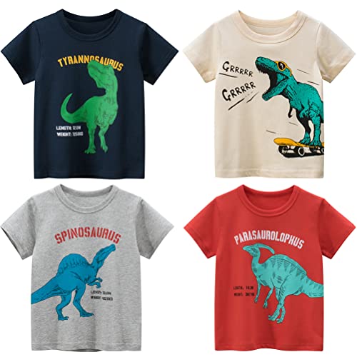 Lista de Camisetas de manga corta para Niño - solo los mejores. 48 NautySaurs - Paquete de 4 camisetas de dinosaurios para niños pequeños con diseño de tiburón excavadora y camión, 6-dinosaurios, 4T