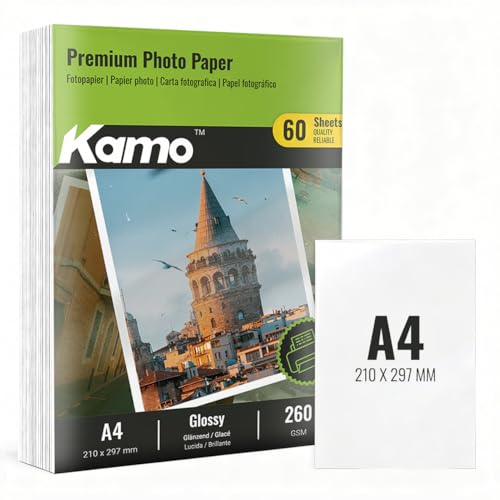 Kamo Carta Fotografica A4 Lucida, 260 g/m², 60 fogli – Ideale per foto, poster e progetti DIY, compatibile con stampanti a getto d’inchiostro