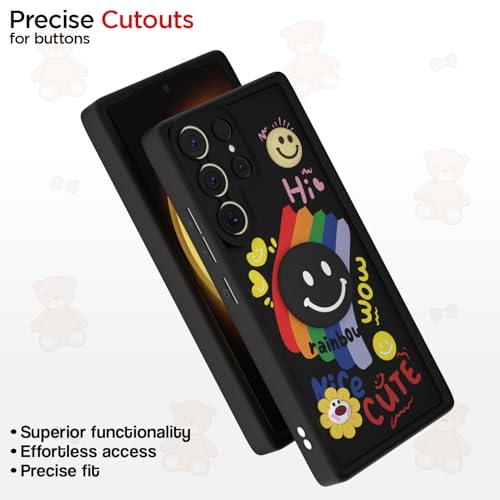 Image of Pikkme Back Cover for Samsung Galaxy S23 Ultra 5G | Soft Silicone| Cute Rainbow Smile & 3D Cartoon Flower Design | Shockproof Raised Camera Protection Bumper Case (Black)