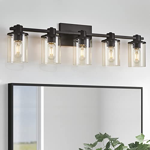 Image of 5-Light Modern Bathroom Vanity Lights,Industrial Matte Black Bathroom Light Fixtures with Clear Glass, Vanity Lights Fixture for Bathroom, Living Room, Mirror,Hallway