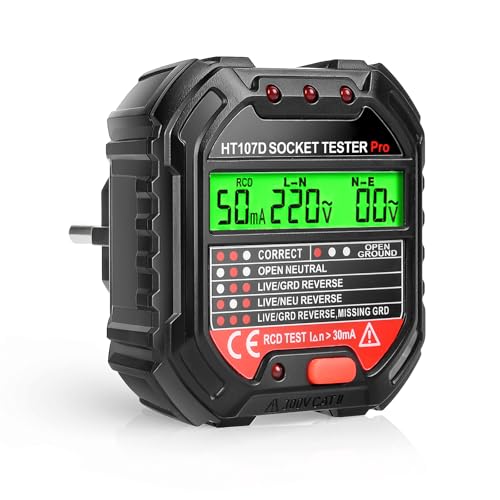 Socket Tester Steckdosentester mit RCD-Prüfung und LCD-Voltage-Display, Euakee 6 Arten von Fehlerdiagnose, Leckspannungs-und Stromanzeige, Stromkreis Polaritätsspannungsdetektor Breaker Finder HT107D