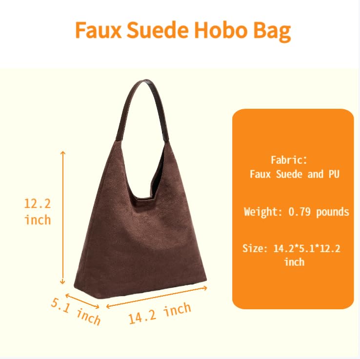 Image of Suede Hobo Bags For Women Purse - Lightweight Large Suede Slouchy Shoulder Bag, Brown Suede Satchel Tote Bag Handbag