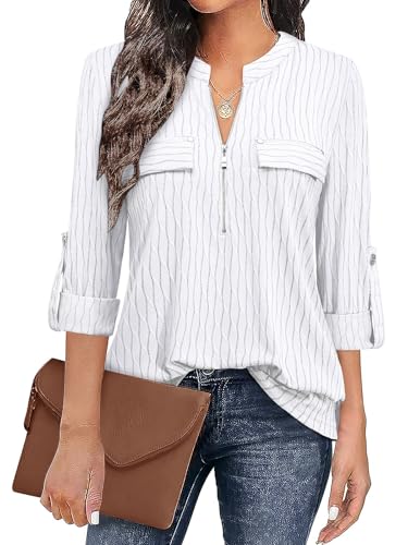 Image of Bulotus 3 /4 Length Sleeve Womens Striped Tops Zipper V Neck Collared Blouses Business Casual Tunics 2026 Spring Trendy