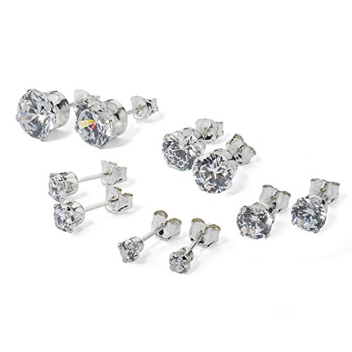 Silverline Jewelry 5 Pairs 925 Sterling Silver Round Sparkling Simulated Diamond Round CZ Ear Studs 3mm 4mm 5mm 6mm 7mm