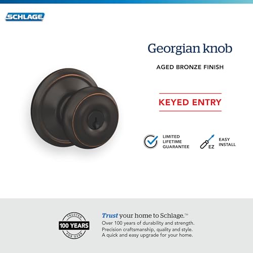 Image of Schlage F51A GEO 716 Georgian Door Knob, Keyed Entry Lock, Aged Bronze