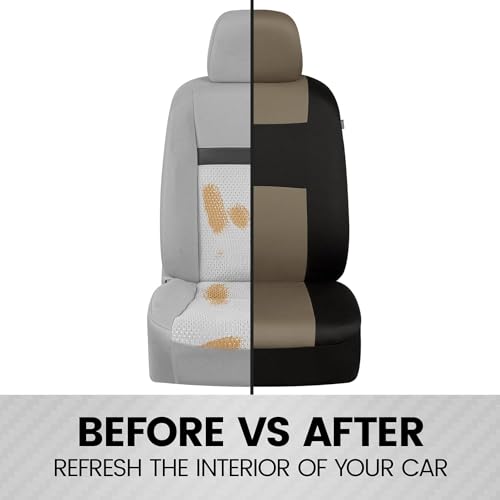 Image of BDK PolyPro 2-Pack Front Car Seat Covers Set in Beige /Black - Front Seat Covers for Cars Trucks Vans SUVs Sedans, Easy to Install Front Car Seat Cover Protection, Universal Fit Car Accessories
