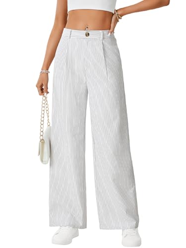 Vrtige Women's Striped Pants High Waisted Wide Leg Drawstring Casual Loose Trousers White Medium