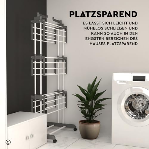 VertiSlim Dry Wäscheständer Klappbar Wäschetrockner Turm Platzsparender mit 4 Ebenen - Turm-Wäscheständer aus Edelstahl - Vertikaler mit Rädern und Seitenflügeln - Farbe Grau für Drinnen Draußen