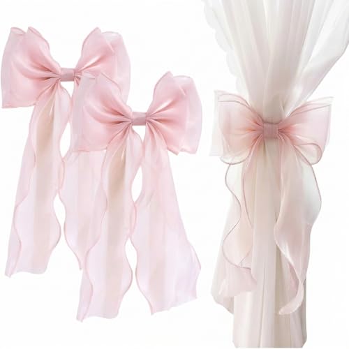 2 Pcs Silky Bow Curtain Tiebacks, Pink Satin Ribbon Bowknot Curtain Straps...