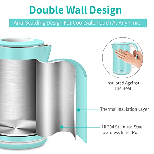 Electric Kettle Stainless Steel for Boiling Water, Double Wall Hot Water Boiler Heater, Cool Touch Electric Teapot, Auto Shut-Off & Boil-Dry Protection, 120V/1200W, 1.8Liter, 2 Year Warranty(Sky Blue)