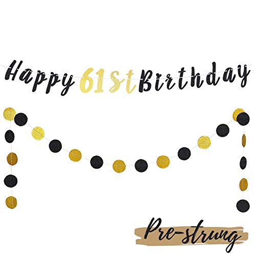 LASKYER Happy 61st Birthday Decoration Set - 61st Bday Banner with Black & Gold Glitter Circle Dots Cheers to 61 Years Old Birthday Party Decorations.[Pre - Strung]