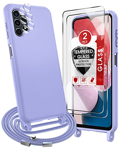 三星 Galaxy A13 4G 手机壳带挂绳、2 个钢化玻璃和 2 个摄像头保护、硅胶项链可调节绳挂绳保险杠超薄防刮防震保护壳紫色