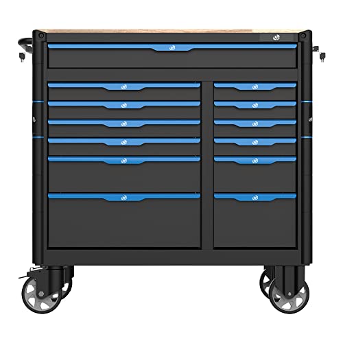 RP-TOOLS Werkstattwagen Werkzeugwagen rollbar 13 Schubladen Holzplatte – Bild 3