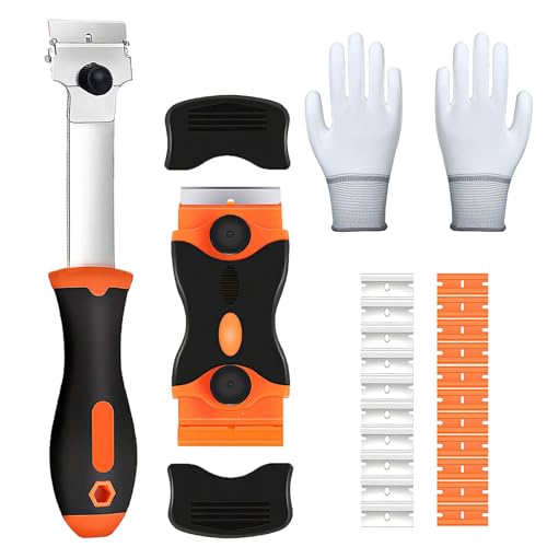 Joyawadori Kit d'outils de grattoir à verre, 20 lames et gants, grattoir de fenêtre avec lames, pour plaque de cuisson en céramique, four, table de cuisson, nettoyage à domicile