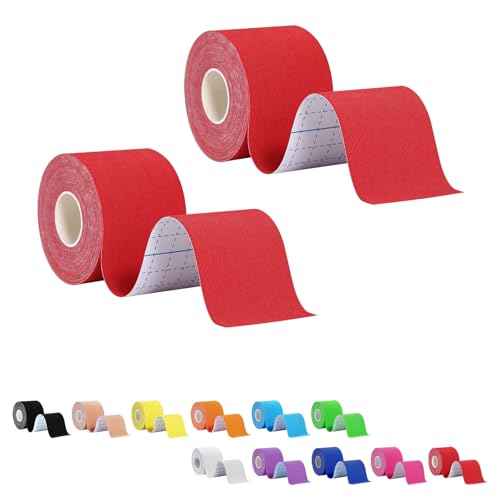 Regular Kinesiology Tape Uncut 2 Rolls, Original Cotton Athletic Sports Tape for Muscle Joint, Pain Relief for Knee Elbow Wrist Ankle Shoulder, 2 in x 16.4 Ft, Red
