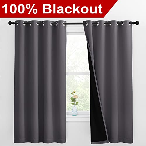 Image of NICETOWN 100% Blackout Curtains with Black Liners, Thermal Insulated Full Blackout 2-Layer Lined Drapes, Energy Efficiency Window Draperies for Bedroom (Grey, 2 Panels, 55-inch W by 68-inch L)