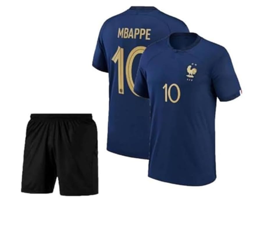 Image of RJM Mbappe 9 Sports Football Home White Jersey 2024 with Black Shorts for (Kids,Boys,Men)