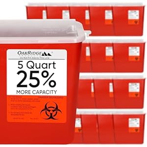 Oakridge Products Sharps Container for Home Use and Professional 5 Quart (20-Pack), Biohazard Needle and Syringe Disposal, Horizontal Drop Style Lid with levers, CDC Certified