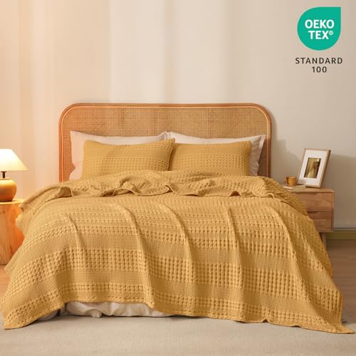 Image of PHF 100% Cotton Waffle Blanket Queen Size for Bed, Lightweight Breathable and Soft for Summer, Luxury Aesthetic Waffle Weave Blanket for Home Decor & Gifts for Women, 90 inchx90 inch, Pumpkin Orange