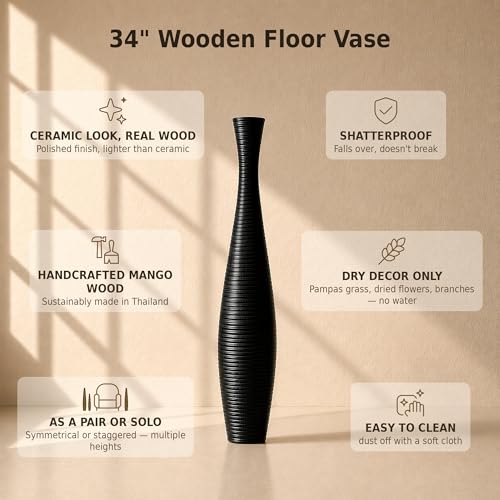 Image of Leewadee Large Floor Vase 34 inches Mango Wood for Pampas Grass, Dried Flowers