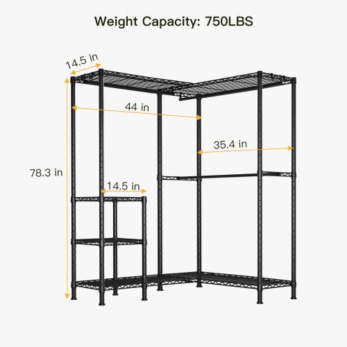 Ulif L1 Garment Rack, 4 Tiers L-Shaped Adjustable Free-Standing Closet Organizer And Storage With 3 Hanger Rods For Bedroom And Cloakroom, 44”W X 35.4”D X 78.3”H, Load Capacity 750Lbs, Black #TOP6