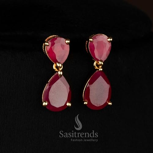 Image of Sasitrends Micro Gold Plated American Diamond Ruby stone Studded Necklace Jewellery Set
