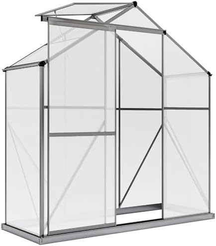 Outsunny 6' x 2.5' Polycarbonate Greenhouse, Walk-in Green House with Sliding Door, 5-Level Roof Vent, Rain Gutter, Aluminium Garden Plants Warm Grow House with Foundation, Grey
