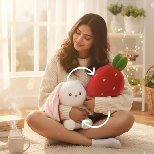 Image of Flufies Plush Toys - Snuggly and Aesthetic Stuff Plush Toys and Baby Toys - Soft Toys for Baby Girl and Baby Boy - Soft Toys for Girlfriend Gift (Strawberry Reversible Rabbit)