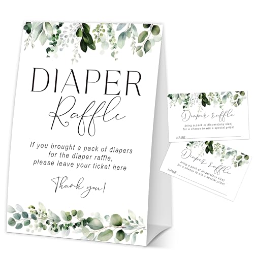 GOLRMC Greenery Diaper Raffle Tickets for Baby Shower, Baby In Bloom Baby Shower Games for Gender Reveal, Baby Shower Party Decor & Supplies, 1 Sign & 50 Cards Set-A12